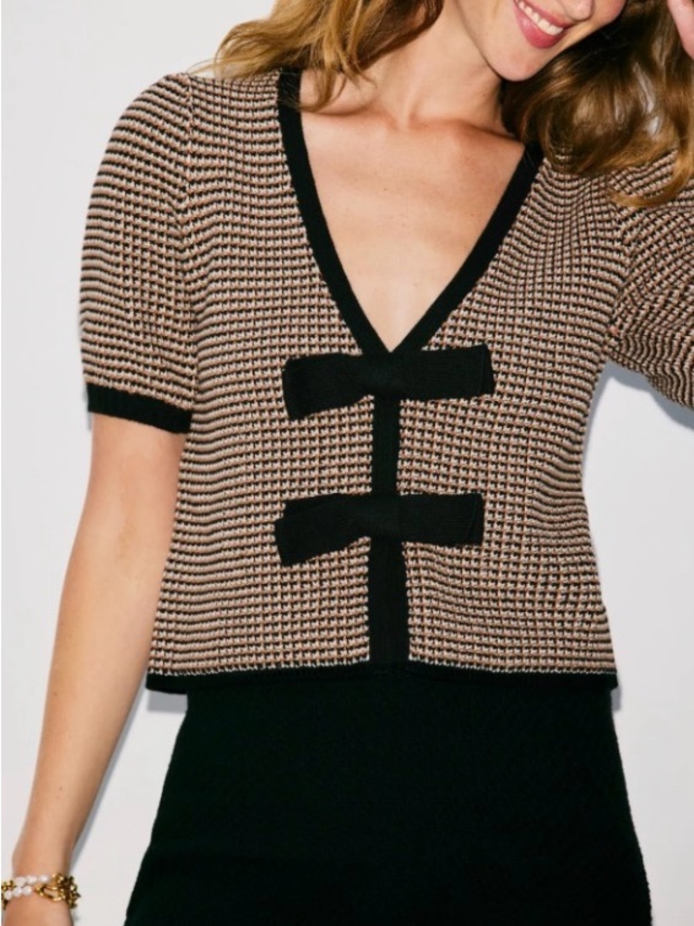 Georgie Brown Cream Bow Front Knit Top Size Small Cottagecore Coquette